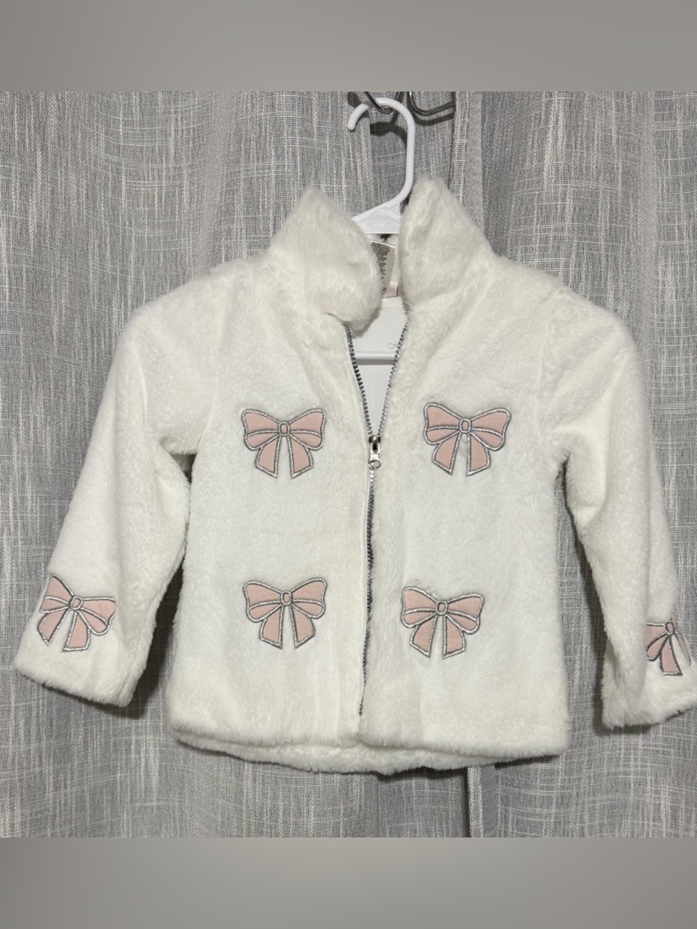 Little Lass Girls Size 4 Faux Fur Jacket White Pink Bow Coquette Zip Coat